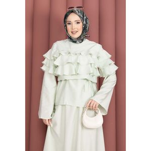 Ensemble 2 pièces pour femme en lin 100 %, jupe évasée et blazer avec détail volanté, taille empire, tissu crêpe uni menthe, idéal pour les occasions de jour - Product Image 2