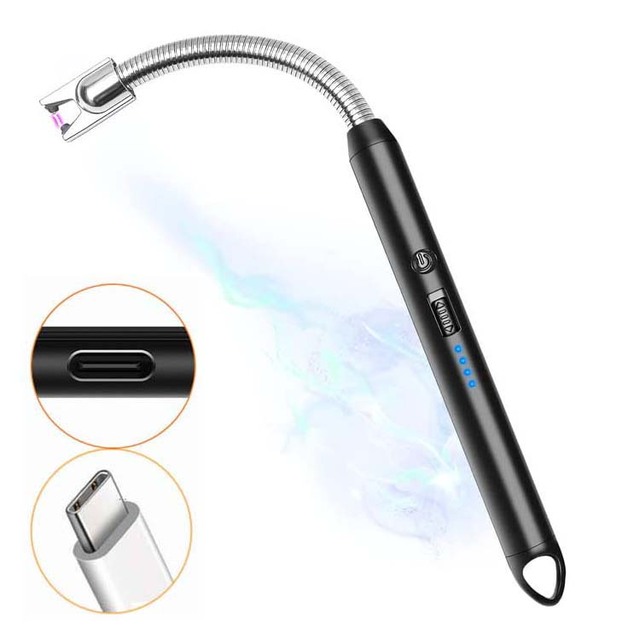 USB Type C Rechargeable Lighter Electric with Upgraded LED Battery Display Safety Switch Plasma Windproof for Candle Cooking BBQ