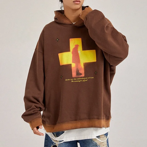 400G 100% coton épaissi laine à capuche pour hommes épissé recadrée Boxy Fit surdimensionné grande taille imprimé tricot pull à capuche hiver - Product Image 1