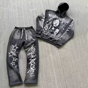 Fait sur mesure unisexe hiver lavage à capuche ensemble à la mode imprimé pull français éponge coupe-vent 100% coton - Product Image 1