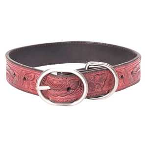 Collier de chien à motif floral occidental classique en cuir repoussé rouge-marron pour chiens moyens et grands pour le sport et le divertissement - Product Image 1