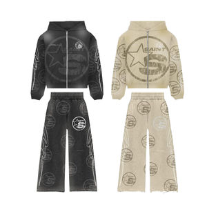 Ensemble sweat-shirt et pantalon de survêtement surdimensionné en coton 100% personnalisé OEM, coupe ample, broderie délavée, strass - Product Image 2