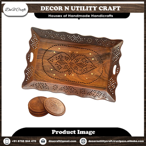 Plateau de service en bois à motif floral avec poignée pour usage résidentiel - Product Image 4