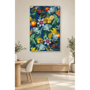 Impression sur toile de fruits et fleurs tropicales Fida sur fond bleu marine - Product Image 1