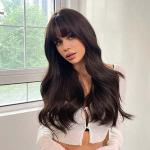Isla-DWY High Quality Synthetic Lace <b>Wig</b> Brown <b>Long</b> Wavy <b>Wig</b> with Light Brown Bangs Loose Wave Style for Women - Product Image 1