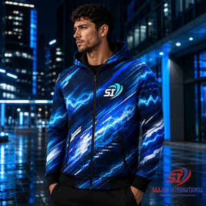 เสื้อฮู้ดกีฬาแบบสั่งทำพิเศษ ซิปเต็มตัว พิมพ์ลายคลื่นไฟฟ้าแบบ Sublimation ทั้งตัว รับทำโลโก้ OEM ขายส่ง เสื้อผ้ากีฬาแนวสตรีท - Product Image 5