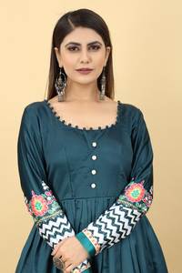 Conjunto de vestido largo indio listo para usar, conjunto de Dupatta, Color Rama, seda Malai, estampado Digital pesado, costura completa para mujer, para bodas informales - Product Image 4