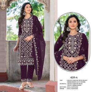 Dhwaja Export - Salwar Kameez Semi-Tailorizado (Tela Chifón Pesada con Bordado de Lentejuelas de 3mm y Trabajo Khatli) Dupatta (Tela Chifón Pesada) - Product Image 2