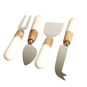 Ensemble à fromage en métal plaqué argent avec marbre blanc et manche en bois, trancheuse à fromage de table, ensemble à tartiner le beurre - Product Image 1