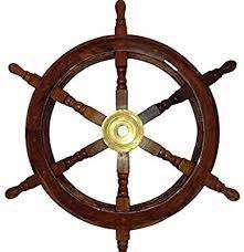 Décoration murale en bois en forme de roue de bateau avec moyeu central en laiton, rayons tournés et poignées, décoration nautique maritime, gouvernail de bateau, bois brun - Product Image 4