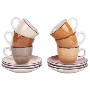 Baita Chocolate Set of 6 Hand-Painted Stoneware Coffee <b>Cups</b> <b>Saucers</b> Retro Modern Turkish Design Dishwasher Safe for Tea Drinks - Product Image 1