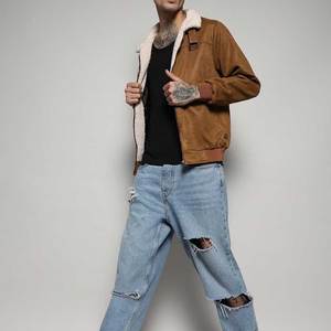 Veste en daim pour homme en tissu polaire respirant de poids lourd Style streetwear Prix bas Veste en cuir de vachette à fermeture éclair en daim - Product Image 3