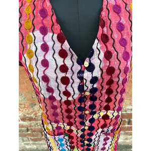 Chaqueta de verano de algodón de lana 100% para mujer de estilo Vintage, abrigo de cintura bohemio indio bordado a mano con flores, botones multicolores - Product Image 4