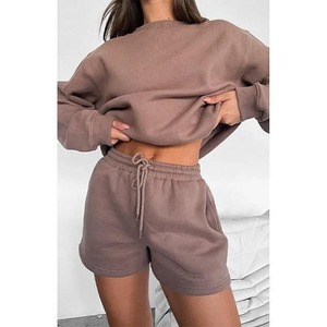 Conjuntos de mujer al por mayor conjuntos cortos informales de alta calidad para mujer Conjunto de sudadera y pantalones cortos de cuello redondo de 2 piezas de algodón personalizado para mujer - Product Image 1