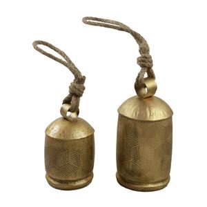 Set of 2 Designed Iron Cow Bell Golden Color With Rope Dozen Mongolian Style Tin Bells Metal <b>Christmas</b> Hanging Wall Hanging - Product Image 1