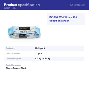 EVISSA ทิชชู่เปียก 100 แผ่น แพ็คสีฟ้า นุ่ม ช่วยปรับสมดุลค่า pH ให้ความชุ่มชื้น ทำความสะอาดอย่างอ่อนโยน ไม่มีแอลกอฮอล์ ไม่มีพาราเบน ทิชชู่เปียกกลิ่นหอมสดชื่น - Product Image 2