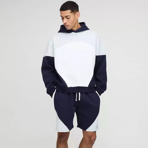 High Quality Men's Oversized Boxy <b>Colour</b> Block Hooded Short Tracksuit Premium Quality Breathable Casual Wear Pullover Tracksuit - Product Image 1