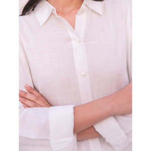 เสื้อเชิ้ตผ้าลินินสีขาวสำหรับผู้หญิง แขนยาว ปกคอปก ทรงหลวม สไตล์สลับสี  ทุกฤดูกาล สีพื้น ผ้าถัก น้ำหนัก 140 กรัม - Product Image 2