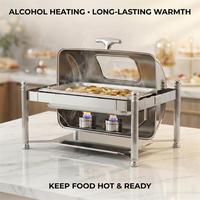 Chauffe-Plat Professionnel en Acier Inoxydable avec Couvercle Roulant et Fenêtre en Verre pour Buffets d'Hôtel
