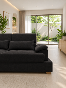 Sofá Seccional Negro en Forma de L, Modelo Montecarlo, Tapizado, con Chaise Longue Convertible en Cama, para Sala de Estar, Hotel u Oficina - Product Image 2