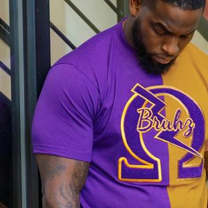 Mezza oro viola Omega Bruhz stile greco ciniglia ricamo Tee Custom confraternity abbigliamento all'ingrosso camicia di cotone da uomo - Product Image 4