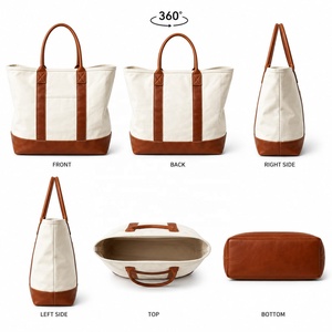 MORGANS INDUSTRIES <b>Canvas</b> <b>Tote</b> Bag Brown Leather Handles Base Solid Color Minimalist Style Zipper Closure Embroidery Daily Use - Product Image 2