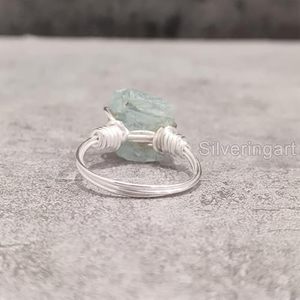 Bague pour femme en argent sterling 925, pierre précieuse naturelle aquamarine, pierre de naissance de mars, bande en fil, bijoux faits à la main, Noël - Product Image 6