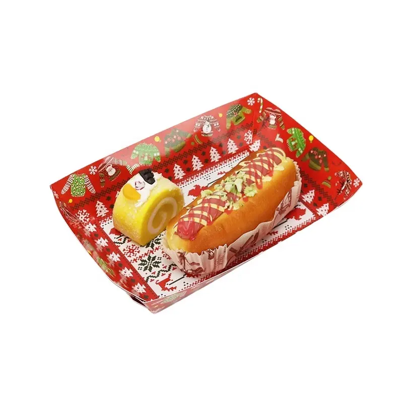 2.5 lb Noël personnalisé imprimé jetable bateau frit snac vaisselle laminé papier maïs hotdog plateau de nourriture