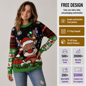 Suéter navideño feo con luces LED para mujer, suéter <span class=keywords><strong>de</strong></span> punto jacquard, suéter navideño con diseño <span class=keywords><strong>de</strong></span> árbol <span class=keywords><strong>de</strong></span> Navidad, Papá Noel y renos, suéter navideño festivo - Product Image 6