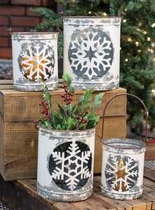Metal Christmas <b>bucket</b> used for decoration in living room <b>filled</b> with ornaments and artificial snowflakes for display - Product Image 5