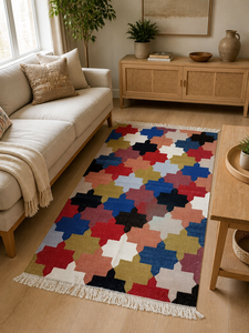 Tapis de sol décoratif Dhurrie en coton fait main réversible, multicolore, à motifs géométriques en mosaïque, avec franges à pompons pour salon - Product Image 2