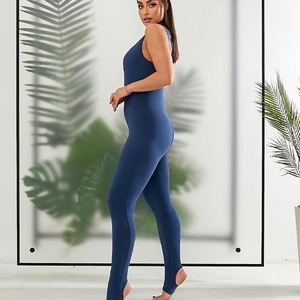 Combinaison sportive une pièce à col carré uni, manches longues, taille ajustée, pantalon évasé, en spandex/nylon pour femmes - Product Image 5