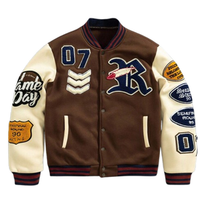 Prendas universitarias de abrigo de lana marrón Estilo de bombardero de inspiración universitaria Ropa de calle de invierno Chaqueta de abrigo de béisbol para hombres Ropa Premium - Product Image 1