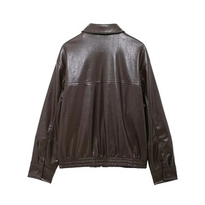 Nouvelle veste de pilote à manches longues et revers lâche de couleur unie pour femmes en imitation cuir - Product Image 6