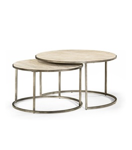 Mesa de centro de aluminio industrial redonda grande con marco superior de vidrio resistente con acabado dorado para un tema de decoración resistente - Product Image 5