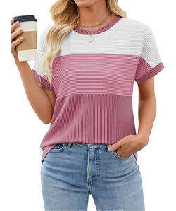 T-shirt basique à manches courtes et col rond pour femmes 100% coton anti-boulochage écologique teint uni rayé respirant - Product Image 6