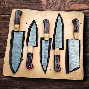 Wholesale Handmade Forged Damascus <b>Steel</b> Chef Set with Wooden Handle Restaurant Use Includes Leather Bag Meat Cutting Knives - Product Image 2