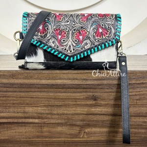 Sac à main bandoulière et pochette artisanal de style western, en cuir de vachette floral brodé, accessoire bohème élégant et tendance - Product Image 1