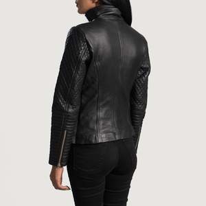 Alia Autumn Biker <b>Jacket</b> in Metallic Black Satin Quilted Sheep Skin Custom Logo Bomber/Varsity/Western Style Short Length <b>Blazer</b> - Product Image 5