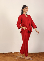 2025 nouveau élégant lin marron rouge deux pièces co-ord ensemble col en v Kurta Style haut jambe large pantalon coton naturel bouton OEM ODM