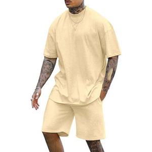 Conjunto de verano para hombre, conjunto de pantalones cortos y camisetas de bloque de color a la moda, 100% de algodón, estilo callejero, conjunto doble informal de talla grande para hombre - Product Image 1
