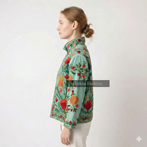 Veste universitaire en velours brodé floral bohème, anti-rides, écologique, coupe-vent, respirante, col rond, style Suzani, pour l'hiver et l'automne - Product Image 4