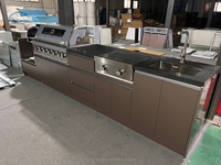 Ensemble de meubles de cuisine extérieurs modernes en acier inoxydable avec évier, robinet, portes vitrées à charnières pour appartement, barbecue et salle à manger