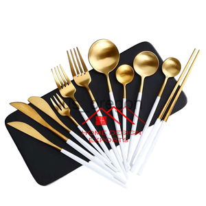 High Selling Hotel Use Accessories at Wholesale Price <b>Golden</b> and White Color Finished Metal <b>Cutlery</b> Flatware <b>Set</b> - Product Image 1