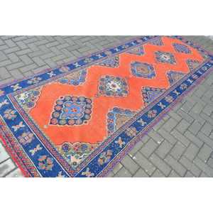 Tapis turc vintage, tapis de 4,3 x 11,3 pieds, tapis en laine patchwork orange et bleu - Product Image 2