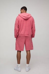 <b>Men's</b> OEM Fashion Hoodie Oversized Boxy <b>Short</b> <b>Zip</b> up Hooded Acid Wash Polyester / Cotton Hoodie and <b>Shorts</b> Set - Product Image 5