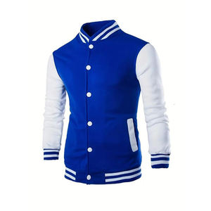 Chaqueta Estilo Universitaria Azul Rey y Blanca para Hombre, Ribete Acanalado a Rayas, Cierre de Botones a Presión, Moda Urbana Premium - Product Image 4