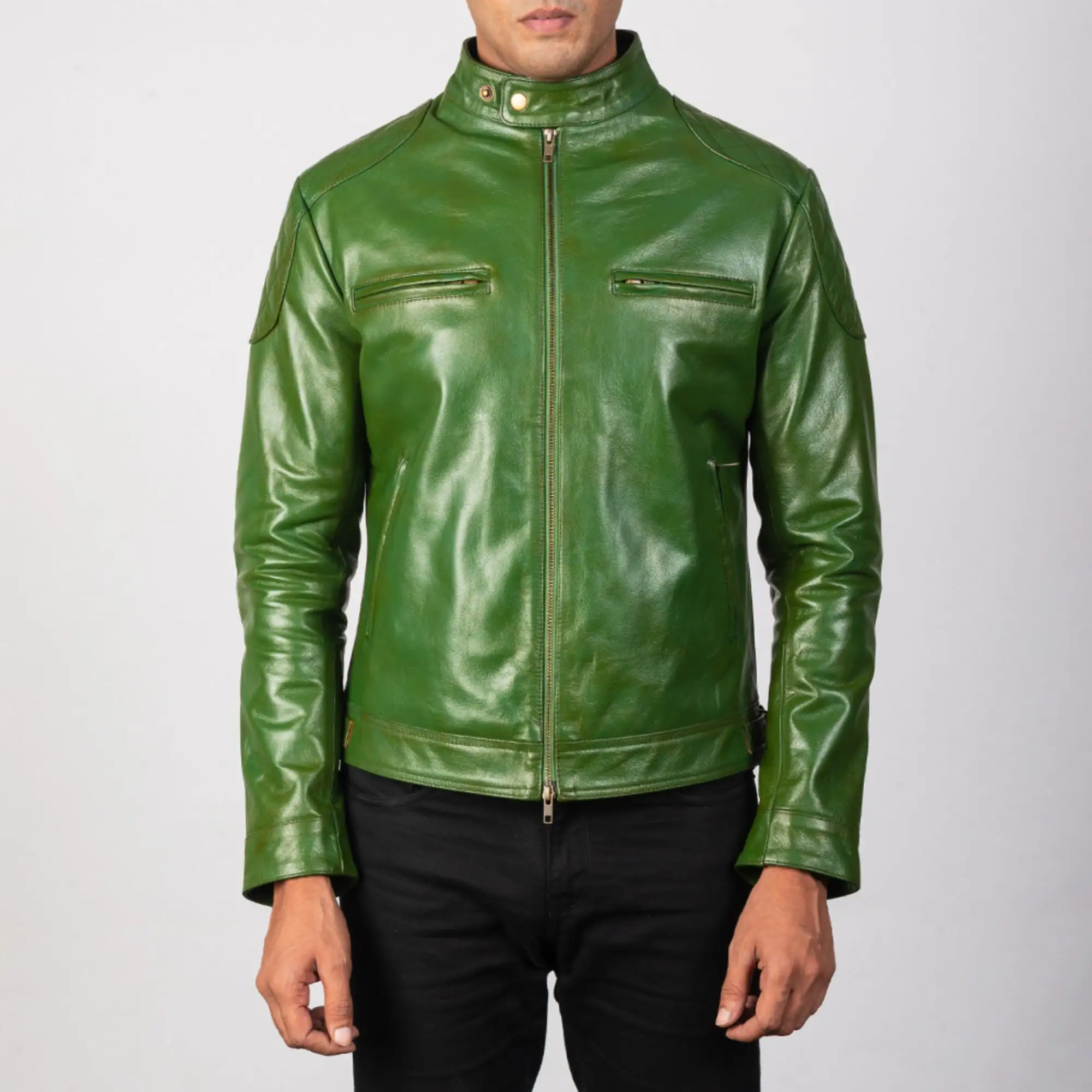 Real Leather Sheepskin Aniline Zipper Gatsby Green Men Biker Jacket with Quilted Viscose Lining and Inside Outside Pockets