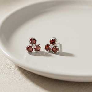 Triple Dot Red <b>Garnet</b> Round Prong Post Stud <b>Earrings</b> Wholesale 925 Sterling Silver January Birthstone Jewelry Gift For Her - Product Image 2