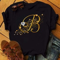 T-shirt Homme Col V Manches Courtes Uni 100% Coton Style Hip Hop Noir avec Lettres Dorées Diamantées B C D E F G Personnalisables